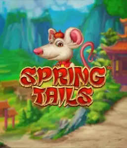 A charming illustration of a white rat wearing a red traditional Chinese outfit positioned in front of a scenic mountain backdrop. The image represents the Spring Tails game by Betsoft, highlighted with striking gold and red logo lettering.